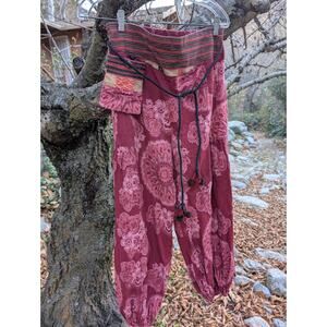 Boho Womens pants- Free-Spirited Pom Pom sash- side pocket ethnic Medium